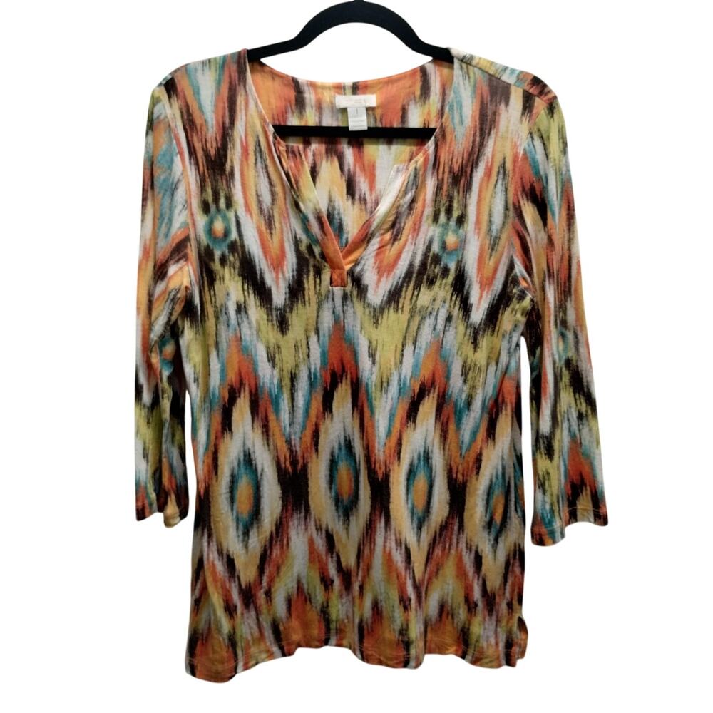 Chico's Size Medium (1) Multicolored Geometric Boho 3/4 Sleeves V-Neck Rayon Top